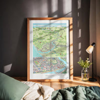 A hand-drawn map of Whanganui art print created in two parts for a District Council project. One part focuses on the city, the other on the wider region of Whanganui, New Zealand. The map highlights the Whanganui River, the Opera House, old houses, the paddle steamer, Durie Hill, the Memorial Tower, and the bridges. Wood framed displayed.